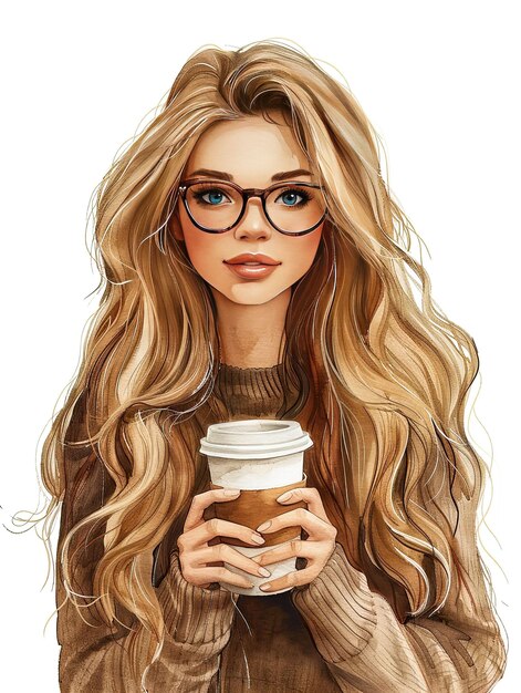 Retrato de uma bela jovem em óculos com uma chávena de café