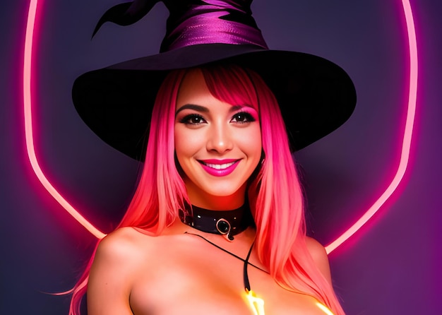 Retrato de uma bela jovem em traje de bruxa Halloween