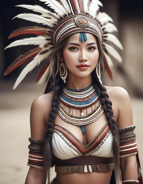 Retrato de uma bela jovem em traje nativo americano