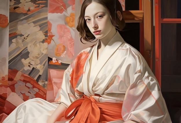 Retrato de uma bela jovem em um quimono japonês