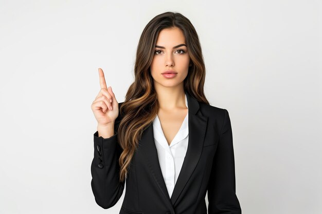 Retrato de uma bela jovem em um terno de negócios e camisa branca que levantou o dedo indicador
