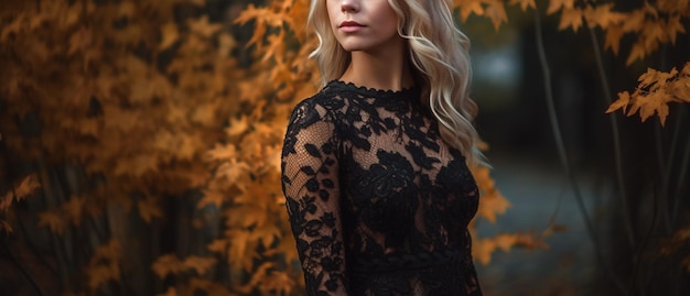 Retrato de uma bela jovem em um vestido de renda preta na floresta de outono generative ai