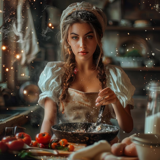 Foto retrato de uma bela jovem em uma cozinha tradicional europeia