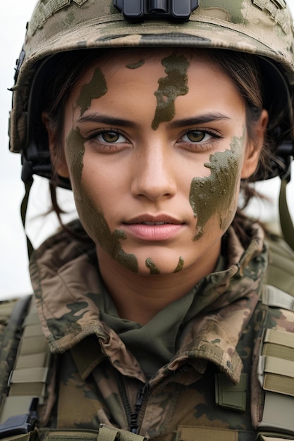 Foto retrato de uma bela jovem em uniforme militar com camuflagem no rosto