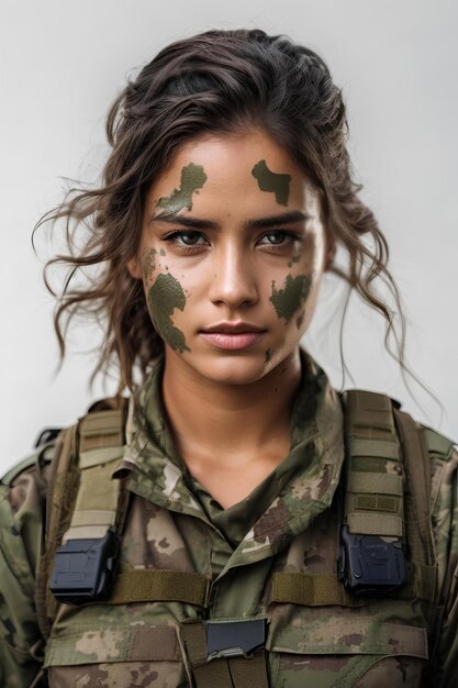 Foto retrato de uma bela jovem em uniforme militar com camuflagem no rosto