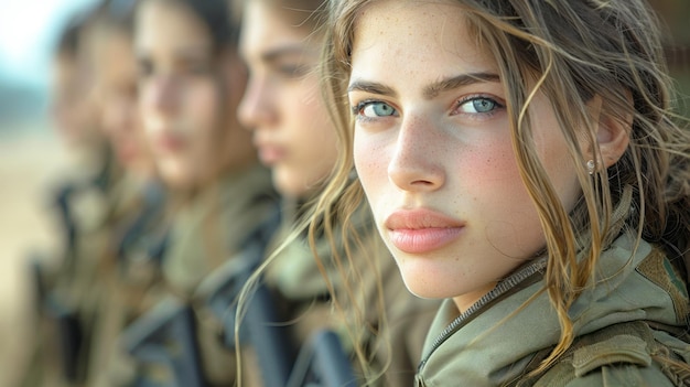 Foto retrato de uma bela jovem em uniforme militar foco seletivo