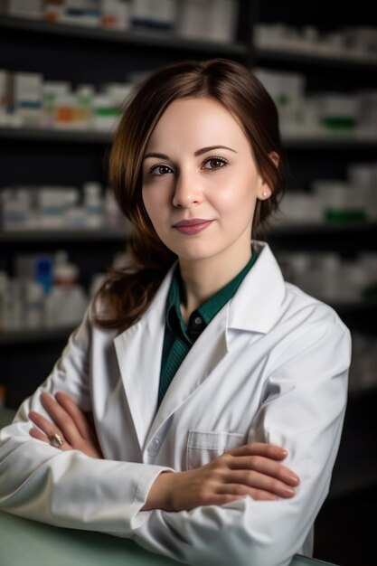 Retrato de uma bela jovem farmacêutica em uma farmácia