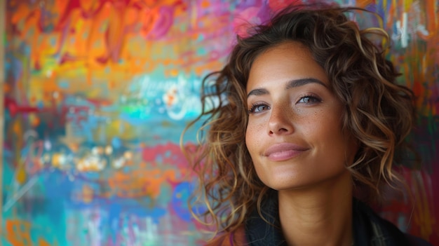 Retrato de uma bela jovem israelense com cabelos encaracolados contra uma parede de graffiti