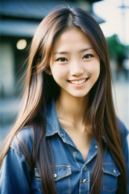 Foto retrato de uma bela jovem japonesa com cabelos longos vestindo um top de jeans