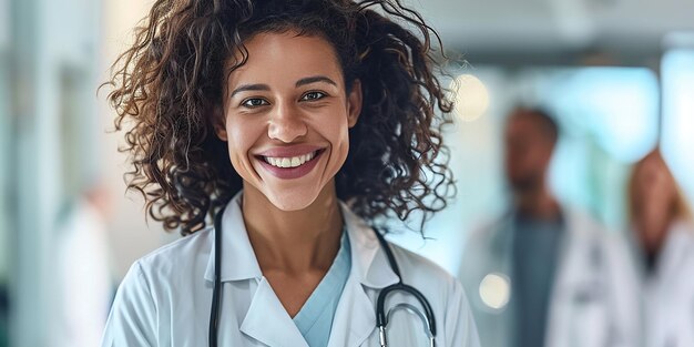 Foto retrato de uma bela jovem médica de casaco branco