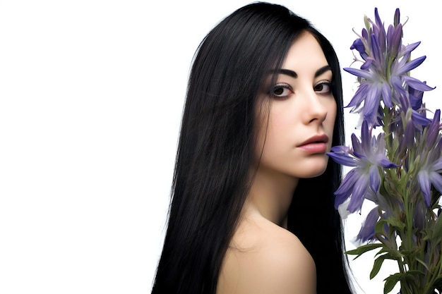 Foto retrato de uma bela jovem morena com flores no cabelo