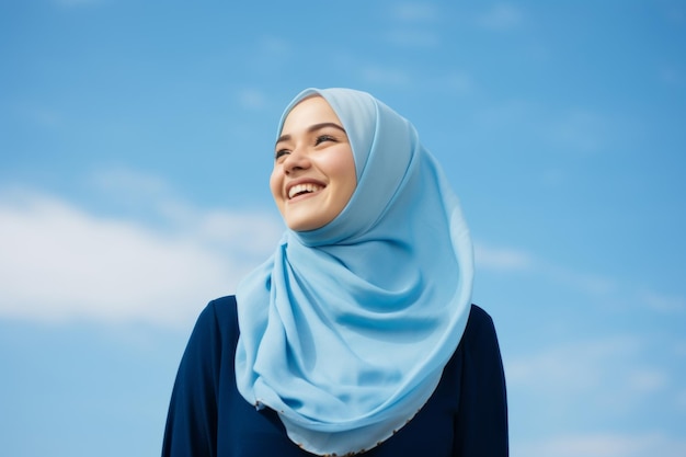 Retrato de uma bela jovem muçulmana com hijab contra o céu azul