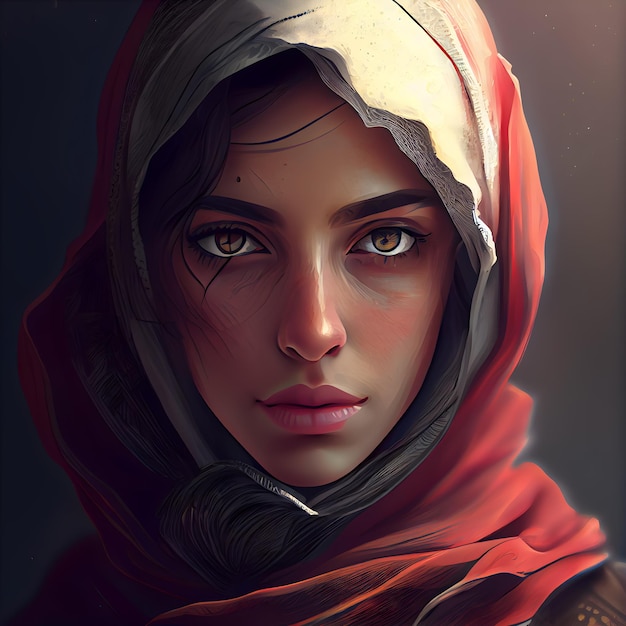 Retrato de uma bela jovem muçulmana com véu vermelho