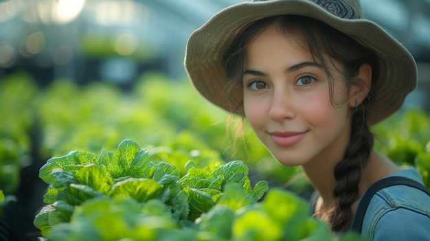 Retrato de uma bela jovem mulher com um chapéu olhando para a câmera e sorrindo enquanto está de pé entre as mudas de alface verde em uma estufa IA generativa