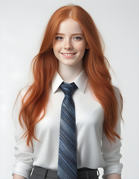 Retrato de uma bela jovem mulher de negócios com longos cabelos vermelhos