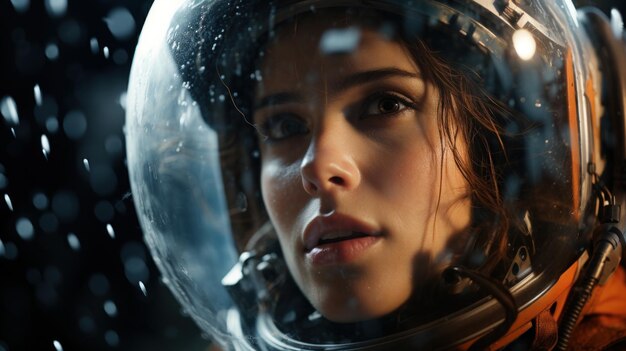 Retrato de uma bela jovem mulher em um capacete de astronauta com luz espacial de fundo