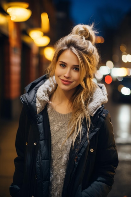 retrato de uma bela jovem na cidade à noite