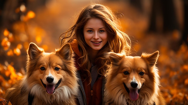 retrato de uma bela jovem na floresta dourada de outono com dois cachorros