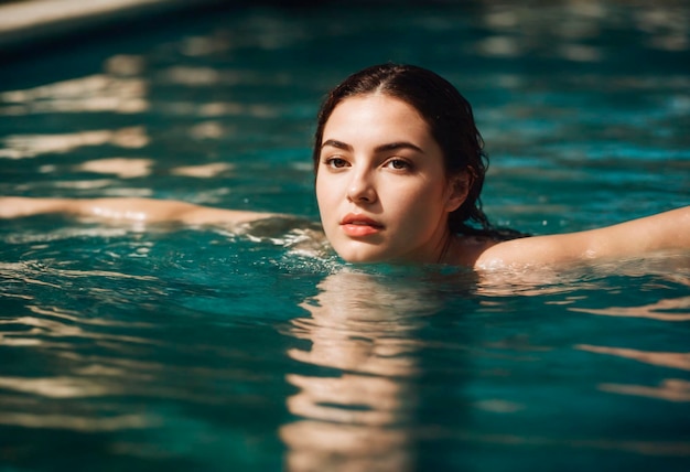 Retrato de uma bela jovem na piscina