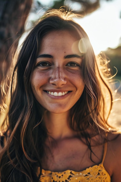 Retrato de uma bela jovem na praia ao pôr-do-sol