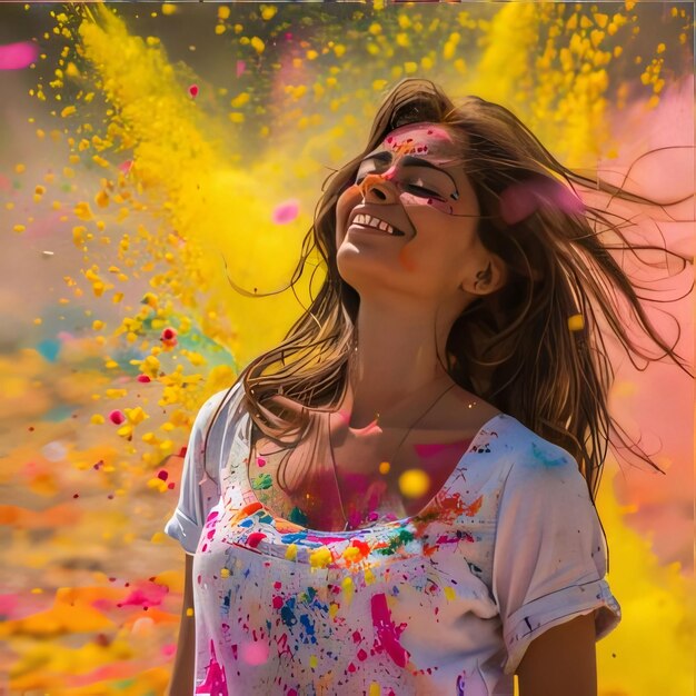 Foto retrato de uma bela jovem no festival de cores holi