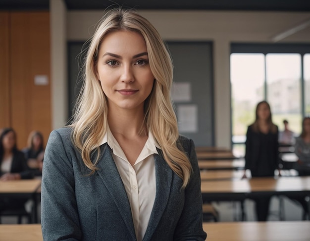 Retrato de uma bela jovem professora de escola americana de pé na sala de aula