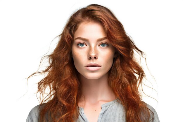 Retrato de uma bela jovem ruiva com cabelos compridos e encaracolados