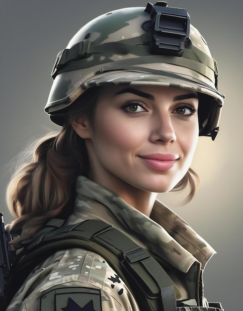Retrato de uma bela jovem soldada em uniforme militar