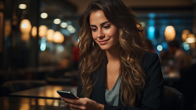 Retrato de uma bela jovem usando um telefone celular enquanto estava sentada em um café.