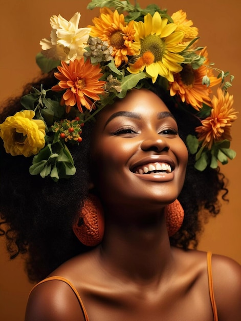 Foto retrato de uma bela modelo africana com flores nos cabelos em fundo laranja com espaço de cópia para texto