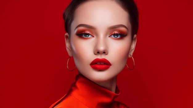 Retrato de uma bela modelo de menina com maquiagem brilhante em um fundo vermelho