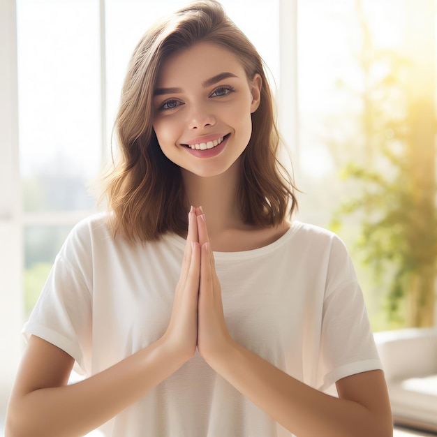 Foto retrato de uma bela morena segurando as mãos em um gesto de oração menina meditando