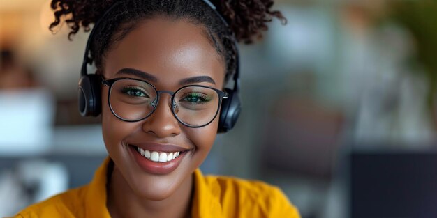 Retrato de uma bela mulher afro-americana com fones de ouvido no escritório