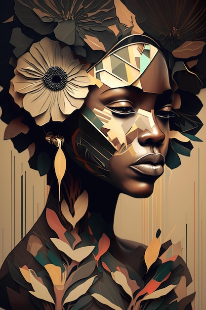 Retrato de uma bela mulher afro-americana com ilustração de flores, resumo, pôster, capa, panorama