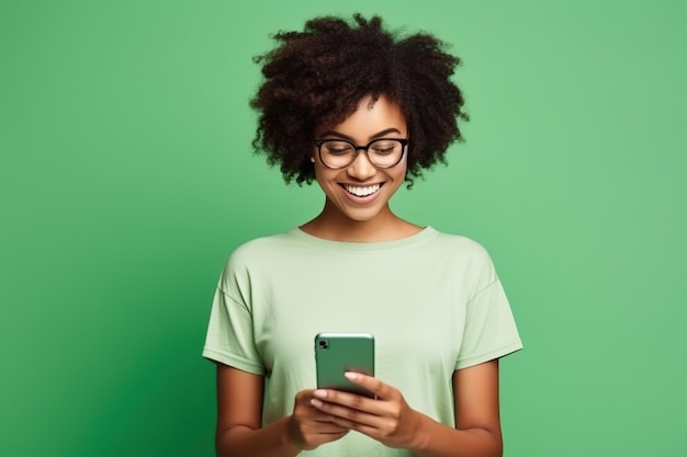 Retrato de uma bela mulher afro-americana sorridente e cheia de dentes usa camiseta estilosa em óculos e segura o braço do smartphone no bolso isolado em fundo de cor verde