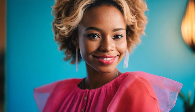 Retrato de uma bela mulher afro-americana sorrindo e olhando para a câmera