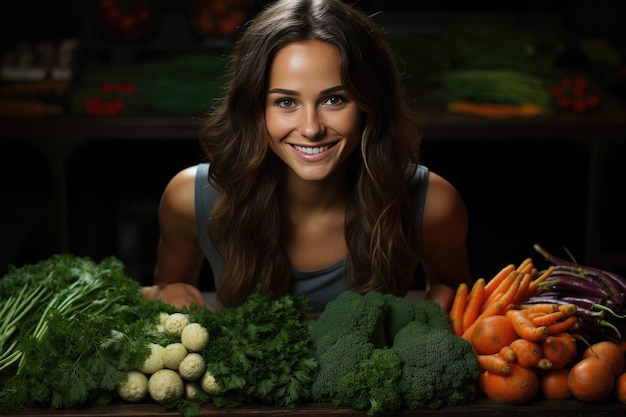 Retrato de uma bela mulher alegre cercada de legumes suculentos frescos