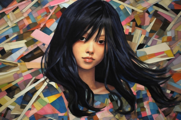 Retrato de uma bela mulher asiática com cabelos longos e pretos