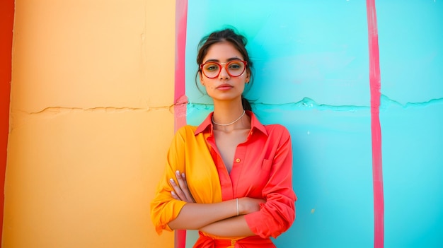 Retrato de uma bela mulher asiática com camisa laranja e óculos vermelhos