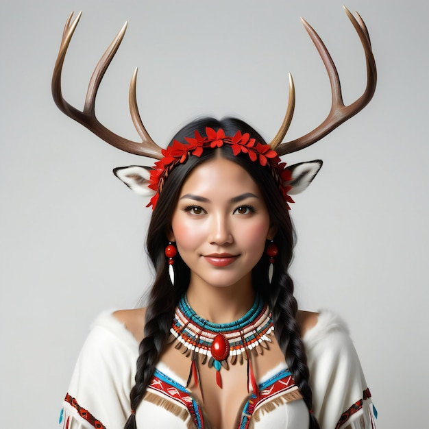 Retrato de uma bela mulher asiática com chifres de renas