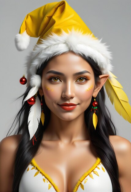 Retrato de uma bela mulher asiática com um chapéu de Papai Noel com penas