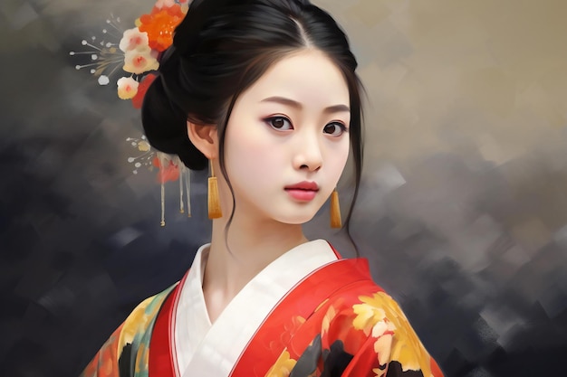 Retrato de uma bela mulher asiática em kimono tradicional