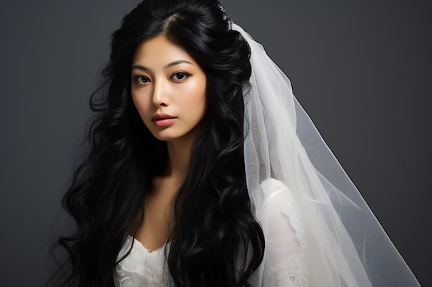 Retrato de uma bela mulher asiática em um vestido de noiva branco