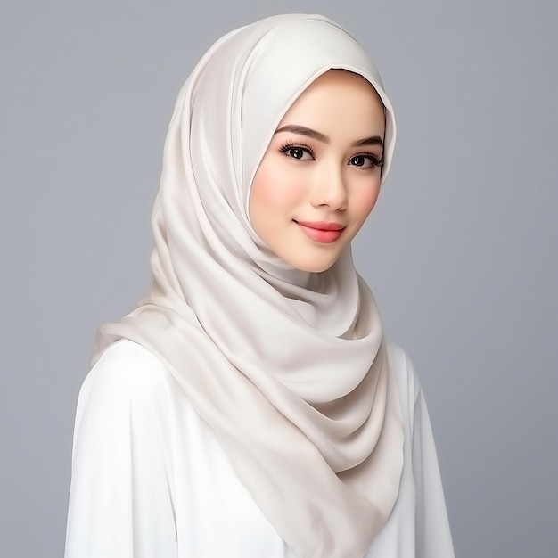 Retrato de uma bela mulher asiática sorridente com camisa casual e hijab