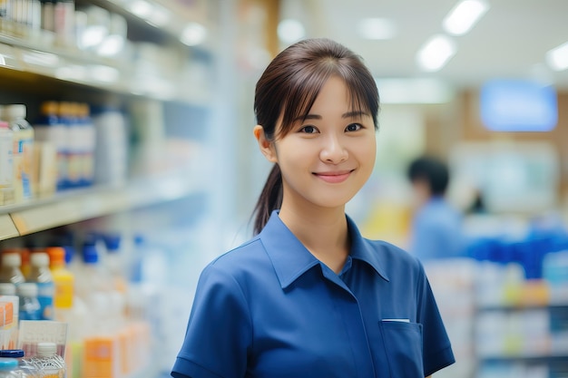 Foto retrato de uma bela mulher asiática, uma empregada de uma loja de supermercado.