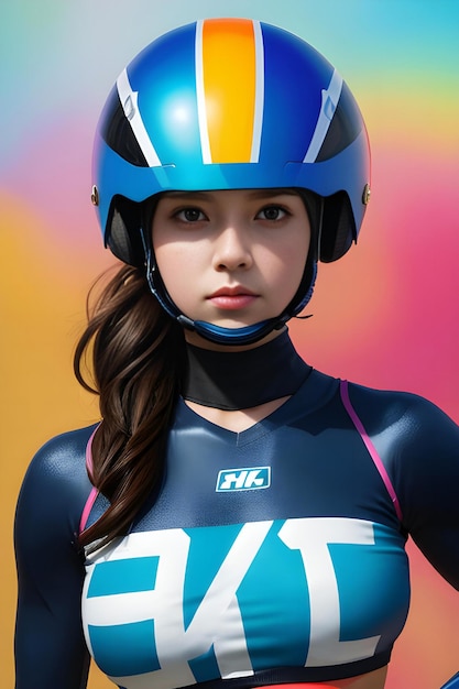 Retrato de uma bela mulher asiática vestindo capacete e terno de ciclismo