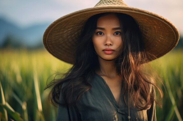 Retrato de uma bela mulher asiática vestindo um chapéu de palha em um campo de arroz