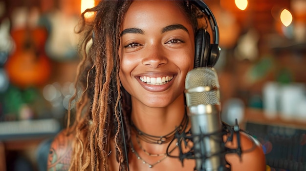 Retrato de uma bela mulher cantando com um microfone em um café