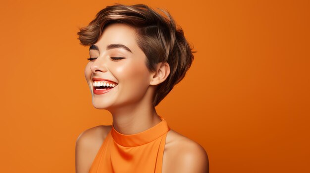 Retrato de uma bela mulher caucasiana sorridente e sexy com pele perfeita e corte de cabelo curto em laranja