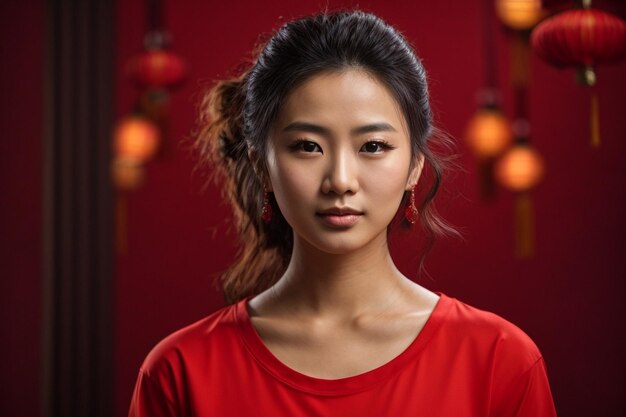 Retrato de uma bela mulher chinesa com uma camiseta vermelha conceito de Ano Novo Chinês